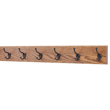 Solid Oak Wide Wall Coat Rack, Bronze Hooks, Chestnut, 30.5"x4.5", 6-Hooks