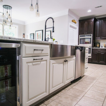 Two-Tone Island with Stainless Apron Sink and Built-In Beverage Fridge