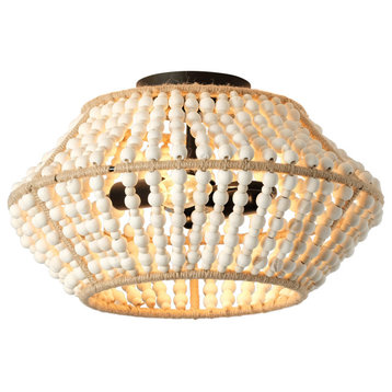 16 in 2-Light Weathered White Wood Beads Flush Mount Empire Ceiling Chandelier