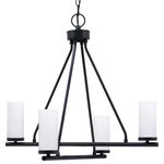 Toltec Lighting - Trinity 4 Light Chandelier, Matte Black Finish With 2.5" White Muslin Glass - Enhance your space with the Trinity 4-Light Chandelier. Installing this chandelier is a breeze - simply connect it to a 120 volt power supply. Set the perfect ambiance with dimmable lighting (dimmer not included). The chandelier is energy-efficient and LED compatible, providing convenience and energy savings. It's versatile and suitable for everyday use, compatible with candelabra base bulbs. Maintenance is a minimal with a damp cloth, as no chemicals are required. The chandelier's streamlined hardwired design adds a touch of elegance to any room. The durable glass shades ensure even light diffusion, creating a captivating atmosphere. Choose from multiple finish and color variations to find the perfect match for your decor.
