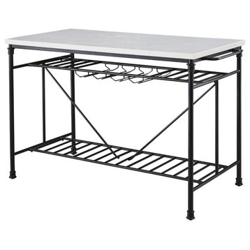 Industrial Kitchen Island, Metal Frame With Glass Stemware & Faux Marble Top