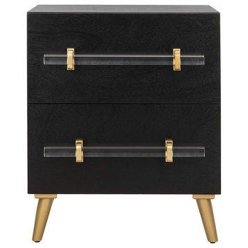 Elegant Nightstand, Golden Legs and 2 Drawers With Unique Acrylic Handles, Black