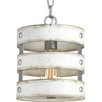 Progress Lighting - Gulliver Mini-Pendant - Three circular bands wrap together to create an open design for Gulliver. Dual toned frame color combinations of Galvanized with antique white accents. A hand painted wood grained texture complements Rustic and Modern Farmhouse home decor, as well as Urban Industrial and Coastal interior settings. Uses (1) 75-watt medium bulb (not included).