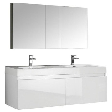 Mezzo 60" Wall Hung Double Sink Modern Bathroom Vanity w/ Medicine Cabinet, Whit