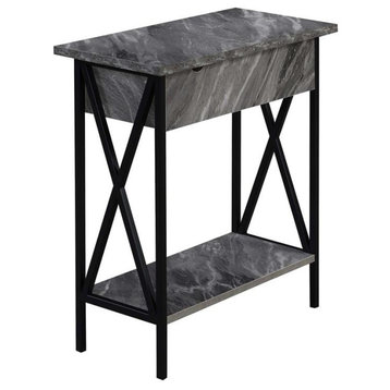 Tucson Flip Top End Table with Charging Station in Faux Gray Marble Wood & Black