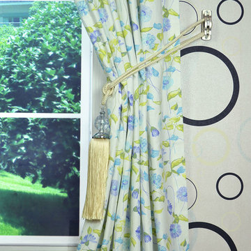Daisy Chain Back Tab Printed Cotton Curtain Tassel Tieback Carolina Blue Color