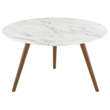 Lippa 28" Round Artificial Marble Coffee Table With Tripod Base, Walnut White
