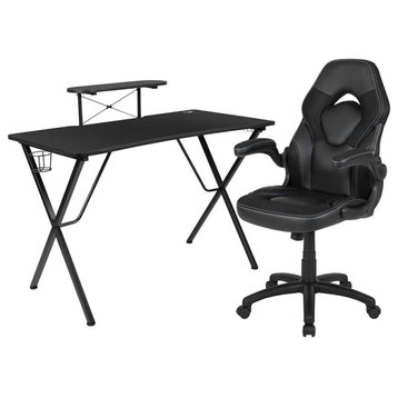 Black Gaming Desk and Black Racing Chair Set with Cup Holder