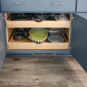 Two-Tone White & Blue Kitchen with Smoke Stained Quartz Countertops