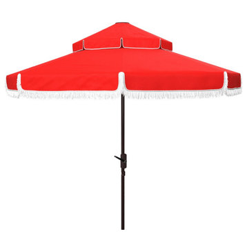 Safavieh Outdoor Milan Fringe 9ft Double Top Crank Umbrella Red