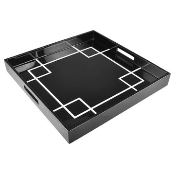 Lacquer Square Tray, Black with White Interlock