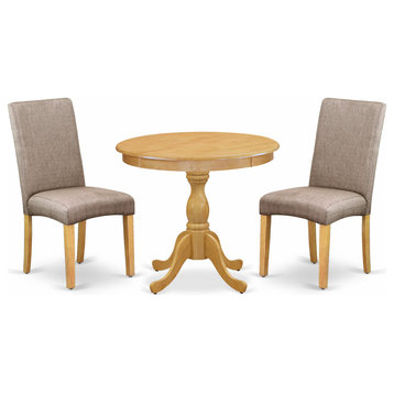 3 Pc Wood Dining Set, 1 Round Pedestal Table, 2 Dark Khaki Chairs, Oak Finish