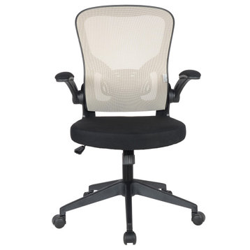 LeisureMod Newton Mesh Office Swivel Desk Chair With Flip Up Armrest, Beige
