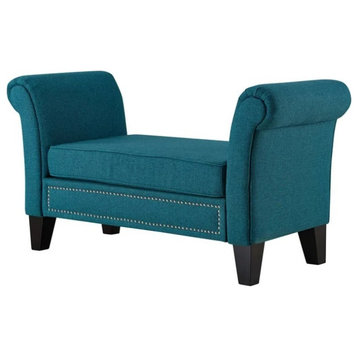 Modern Accent Bench, Black Hardwood Legs With Cushioned Seat & Rolled Arms, Teal