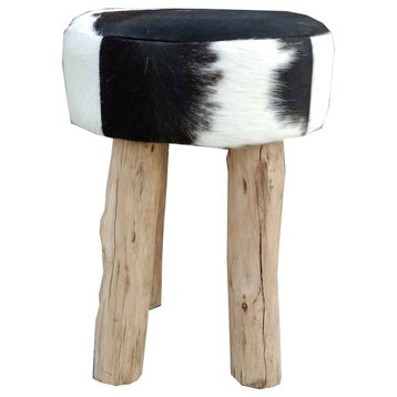 Ivy Round Stool, Black and White Cow Hide With Rustic Wood Legs