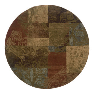 Harrison Geometric Green and Red Rug, Round 7'8