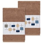 Linum Home Textiles - Khloe 2 Piece Embellished Hand Towel Set - The KHLOE Embellished Towel Collection features a mod geometric grid embroidery on a woven textured border.