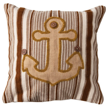 Woven Cotton Blend Appliqued Anchor Pillow With Stripes and Wood Buttons