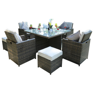 9-Piece Patio Wicker Dining Table Set with  Cushioned Chairs