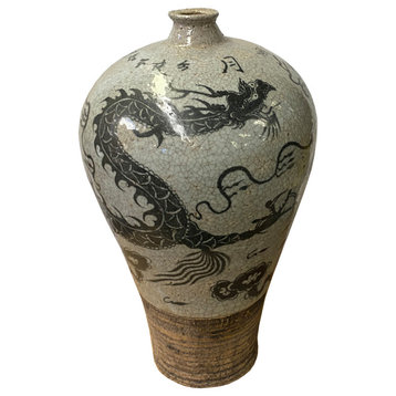 Chinese Crackle Gray Ceramic Hand-painted Dragon Vase Hws1406