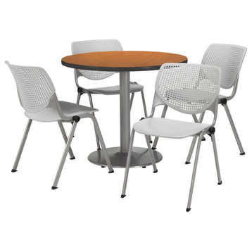 KFI Round 36" Dia. Pedestal Table - 4 Grey KOOL Chairs - Medium Oak Top