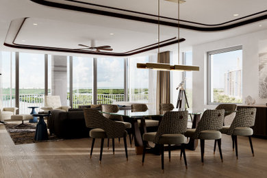 Mid-sized trendy light wood floor, tray ceiling and wall paneling great room photo in Miami with white walls and no fireplace