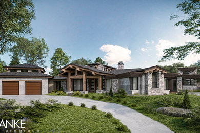 Diseño de fachada de casa gris bohemia grande de una planta con revestimiento de piedra, tejado a dos aguas y tejado de teja de madera