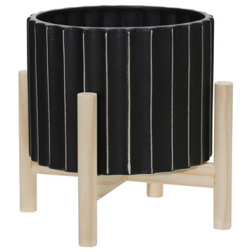 8" Ceramic Fluted Planter With Wood Stand, Black