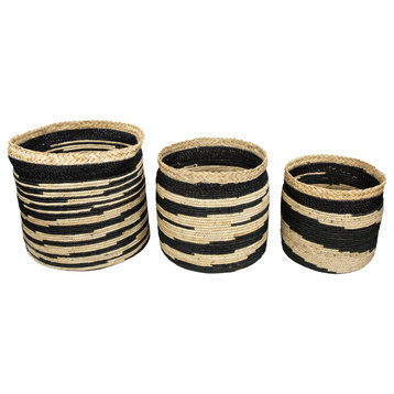 Set of 3 Black and Beige Zig Zag Sew Seagrass Storage Baskets 15.5"