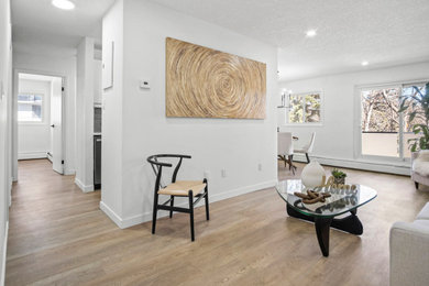 Inspiration for a small contemporary formal and enclosed vinyl floor and brown floor living room remodel in Calgary with white walls