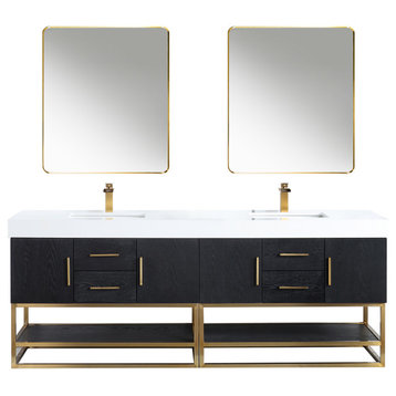 Bianco Bathroom Vanity Composite Stone Top, Black Oak/Brushed Gold, 84", With Mirror