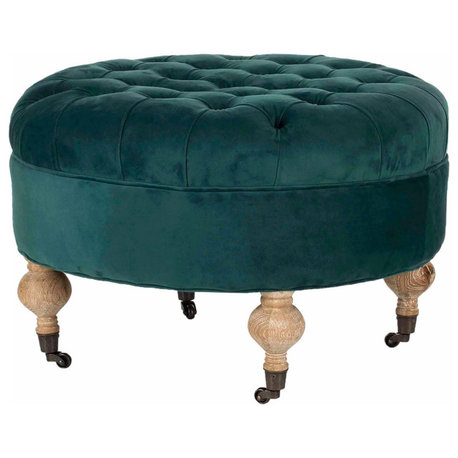 Tufted Linen Round Ottoman with Wheeled Birch Legs, Stylish and Functional, Marine