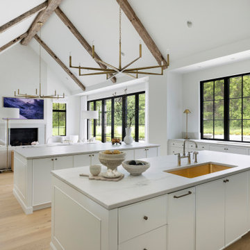 Hand Hewn Box Beams in Modern Minimalist Vaulted Kitchen