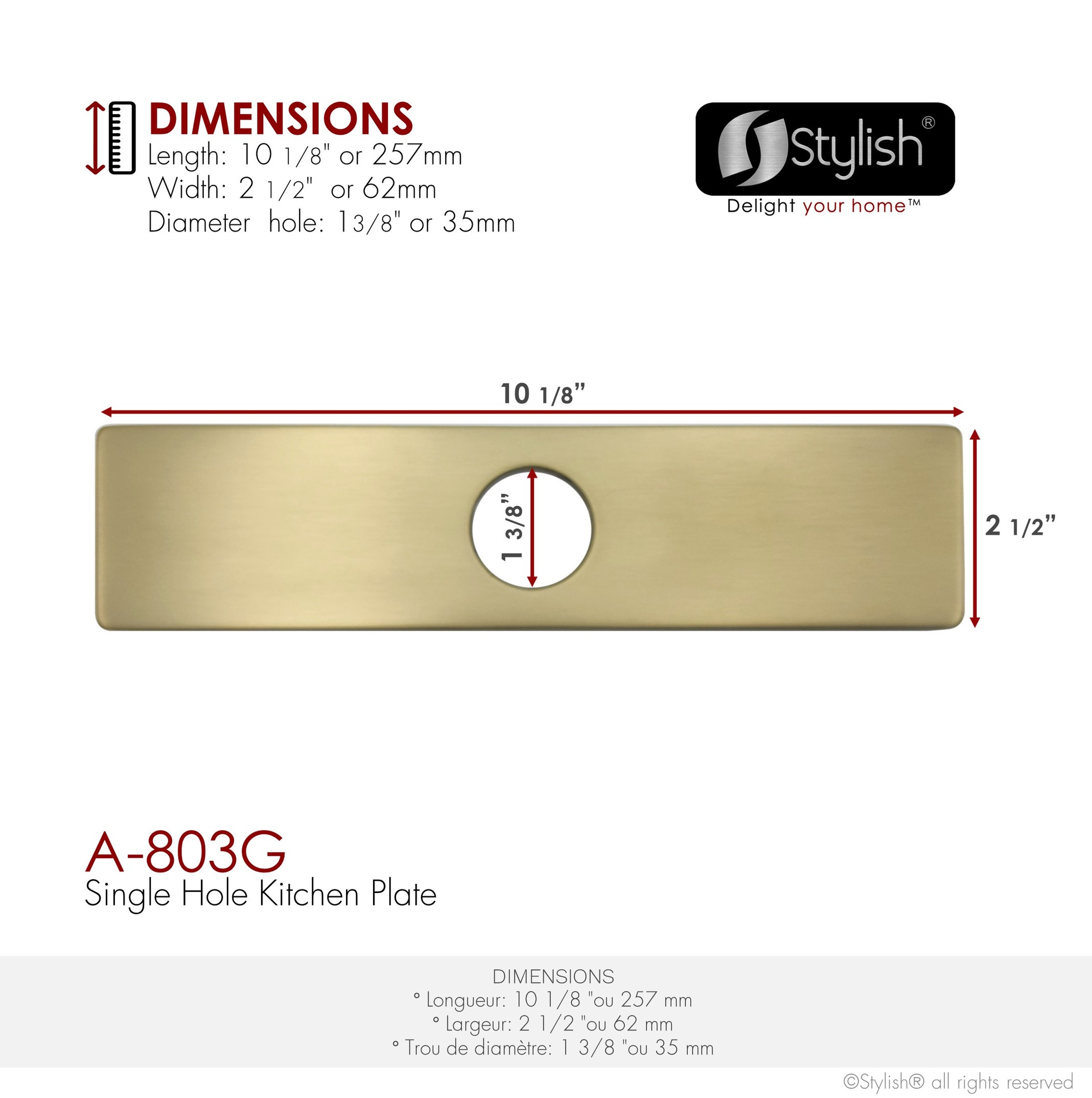 STYLISH Kitchen Sink Faucet Hole Cover Deck Plate in Brushed Gold