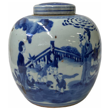 Oriental Handpaint People Scenery Graphic Blue White Porcelain Ginger Jar ws1706