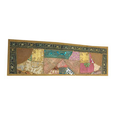 Mogul Interior - Consigned Antique Fabric, Green Cotton Sari Patchwork Sequin Embroidered Runner - Tapestries