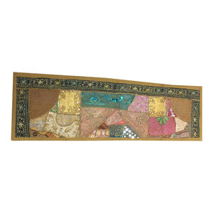 Mogul Interior - Consigned Antique Fabric, Green Cotton Sari Patchwork Sequin Embroidered Runner - Table Runners