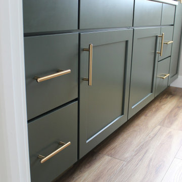 Angled Kitchen Design with Slab Style Cabinets in Pecan Stain