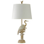 StyleCraft Home Collection - Traditional Bird of the Beach Table Lamp with Fabric Drum Shade - Featuring a nature-inspired design and a white hardback fabric shade, this table lamp is a beautiful accent for an office or bedroom. The frame features a natural wood finish that highlights every detail of its shape: a bird surrounded by large leaves. Add a touch of the outdoors to any living room, hallway, or dining room with this natural wood table lamp.