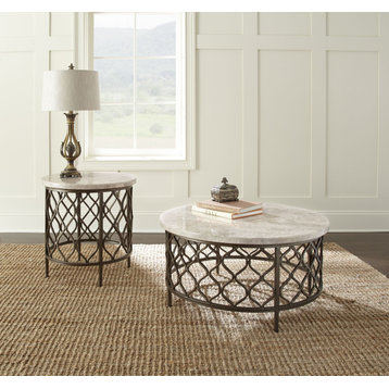 Steve Silver Roland Round White Stone Top with Bronze Metal Base Coffee Table