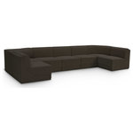 Meridian Furniture - Ollie Black Boucle Fabric U-Shaped Modular Sectional, Brown, 7-Piece: 5 Armless Chair, 2 Corner Chair - Meet the epitome of style and functionality with this Ollie boucle fabric living room sectional, part of the Ollie modular collection. A contemporary marvel, this sectional features chic and inviting rich brown boucle fabric upholstery, giving it a sumptuous texture that oozes elegance and luxury. Curved corners add to the visual look of the sectional while maximizing seating comfort while lounging, reading, or entertaining. Pair it with other items in the Ollie collection easily, thanks to an attachment latch underneath.