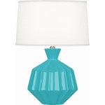 Robert Abbey - Robert Abbey Orion AL Orion 18" Vase Table Lamp - Baby Blue - Features Constructed from ceramic Includes an oyster linen shade with self fabric top diffuser Includes an energy efficient Candelabra (E12) base LED bulb High / Low switch Made in the United States UL rated for dry locations Dimensions Height: 17-3/4" Width: 12-1/2" Product Weight: 6 lbs Shade Height: 7-1/2" Shade Top Diameter: 11.5" Shade Bottom Diameter: 12.5" Electrical Specifications Max Wattage: 60 watts Number of Bulbs: 1 Max Watts Per Bulb: 60 watts Bulb Base: Candelabra (E12) Voltage: 110 volts Bulb Included: Yes