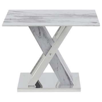 Elegant End Table, White Marble With X-Crossed Base and Polished Accent
