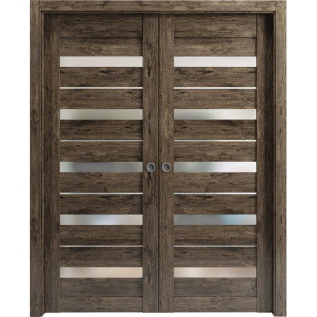 Sliding Interior Double Pocket Doors|Frosted Glass|Quadro 4445 Cognac Oak 60x80