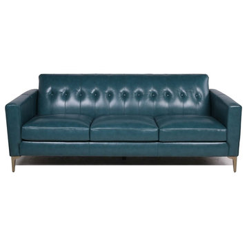 Maklaine 19" Mid-Century Leather Tufted Back Sofa in Turquoise
