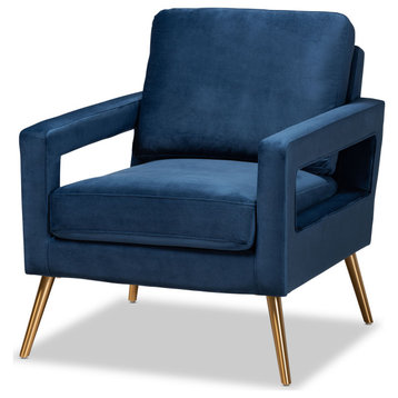 Leland Glam and Luxe Navy Blue Velvet Upholstered and Gold Finished Armchair