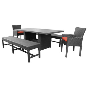 Barbados Rectangular Outdoor Patio Dining Table w/ 2 Chairs w/ Arms & 2 Benches