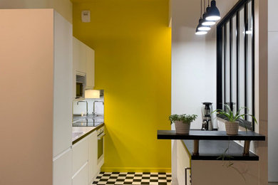 リールにある小さなコンテンポラリースタイルのおしゃれなキッチン (フラットパネル扉のキャビネット、白いキャビネット、クッションフロア、黒いキッチンカウンター) の写真