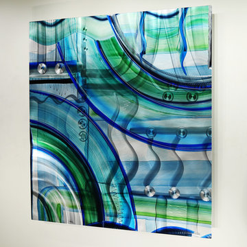 Symbiotic - Colorful, Blue Abstract Painting with Silver & Green, Unique Bright