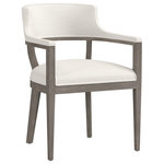 Sunpan - Brylea Dining Armchair - A mid-century modern dining armchair chair with an open back design. Stocked in linoso ivory performance fabric with an exposed ash grey solid oak wood frame. Performance fabric is moisture repellent, durable and easy to clean. As wood is an organic, porous material, these pieces will contain natural variation of texture and may also exhibit fine indentations and cracks. Wood pieces will also display a disparity of colour and grain, and visible knots and burls that add to the character of each piece.